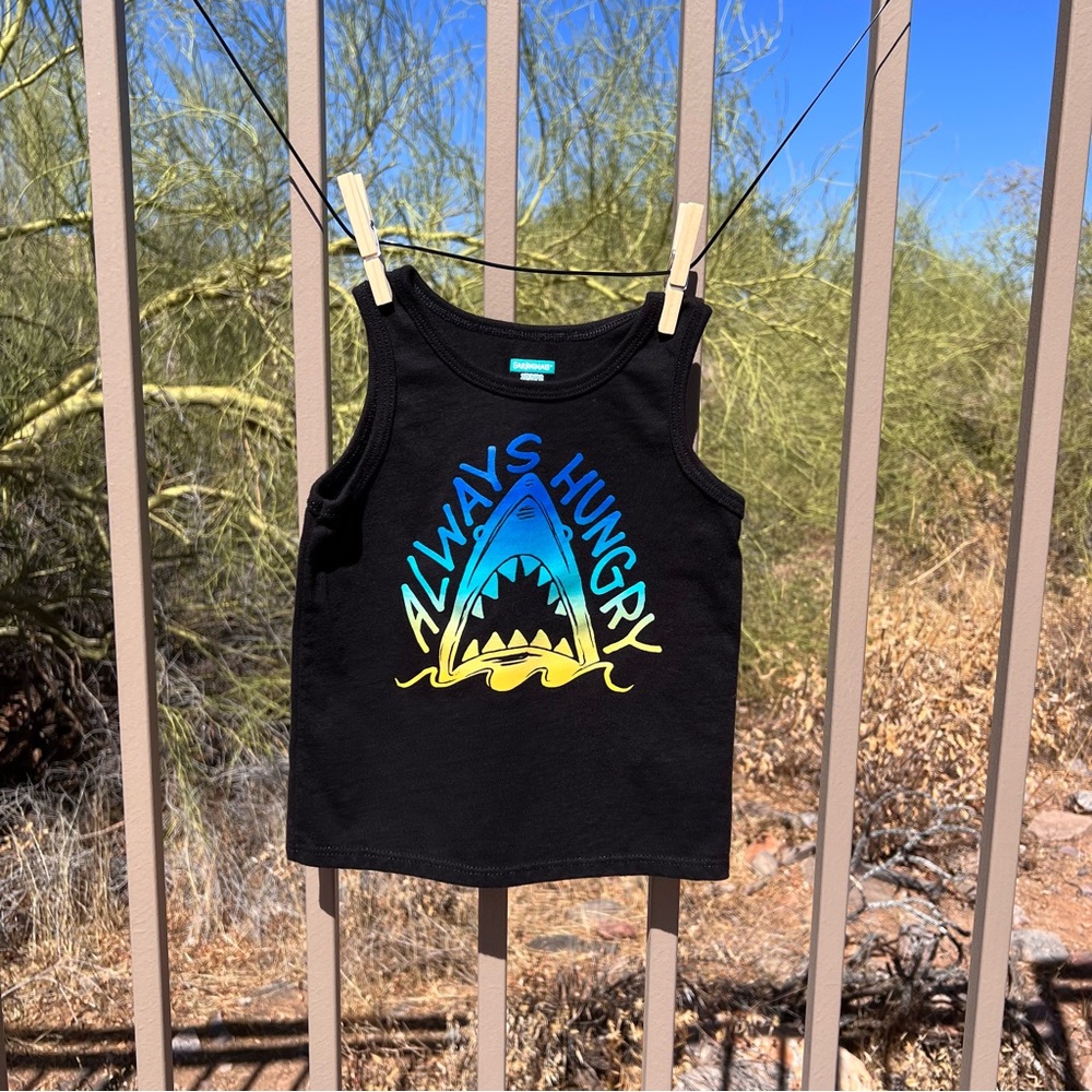 ⬇️Garanimals Boy’s Or Girl’s Tank Top 2T Black W/Graphic Shark ALWAYS HUNGRY